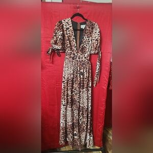 L'ATISTE Brown Tan Wide Leg Jumpsuit Puff Sleeve Plunge With Body Suit
